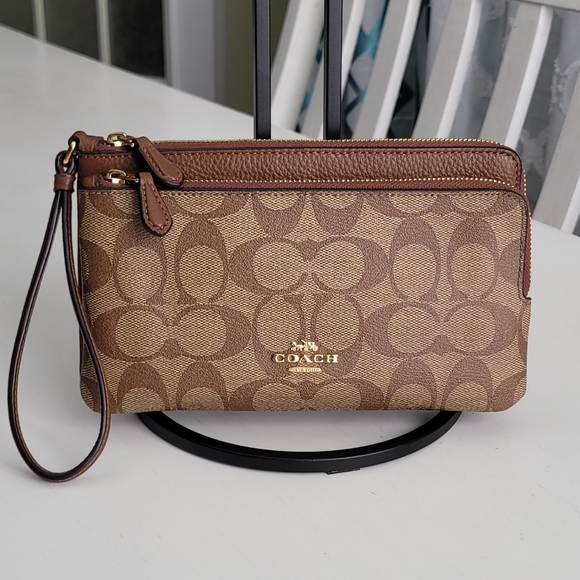 Coach Double Zip Wallet In Signature Canvas Refined Pebble Leather-Brown - Picture 1 of 12